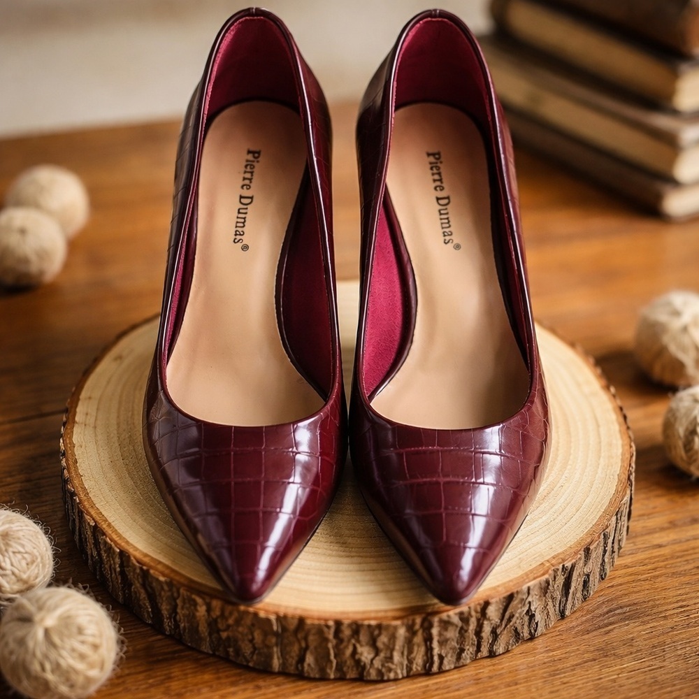 Pierre Dumas Burgundy Croc Pointed-Toe Kitten Heels